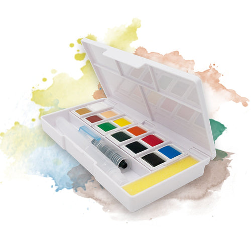An Ezigoo watercolour paint set with 12 colours, an aqua brush, 5 mixing palettes and a cleaning sponge - Stationery Island