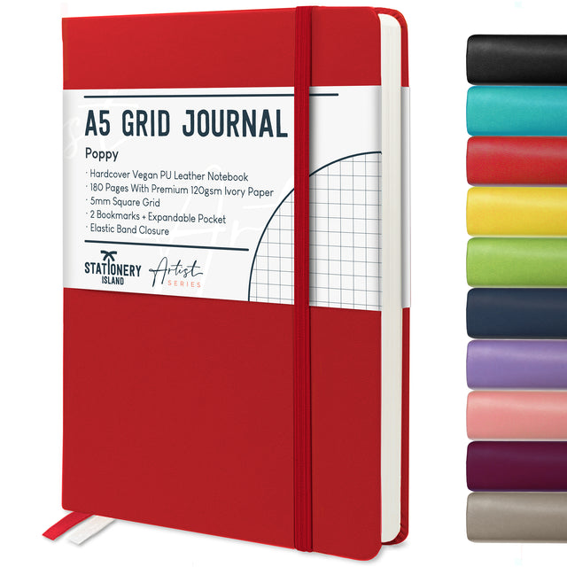 A5 Grid Journal - 120gsm, 180 Pages — Poppy Red