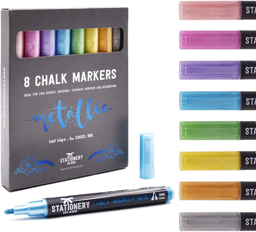 A pack of 8 metallic colours wet wipe W30 chalk pens with a 3mm fine bullet nib - Stationery Island 