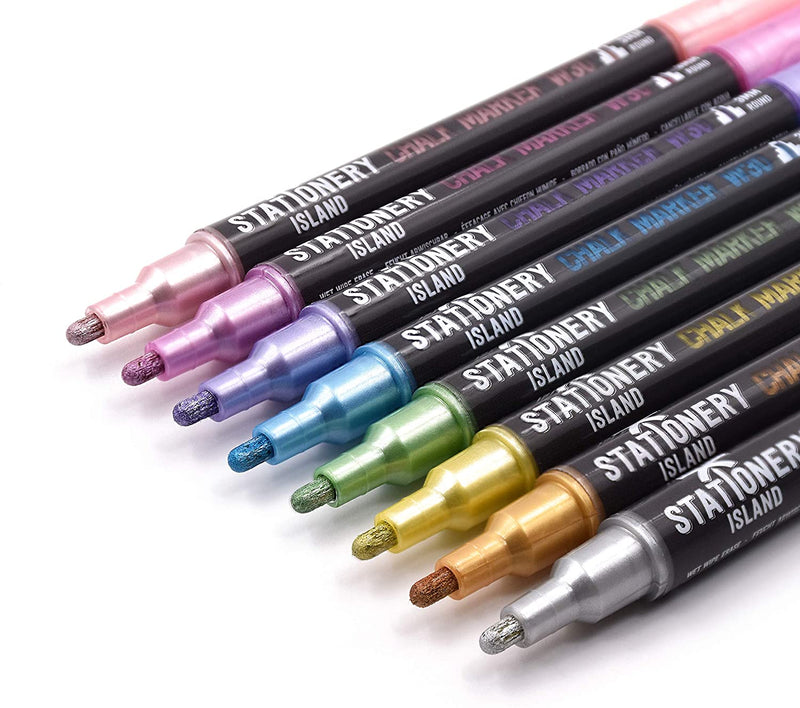  8 metallic colours wet wipe W30 chalk pens with a 3mm fine bullet nib - Stationery Island
