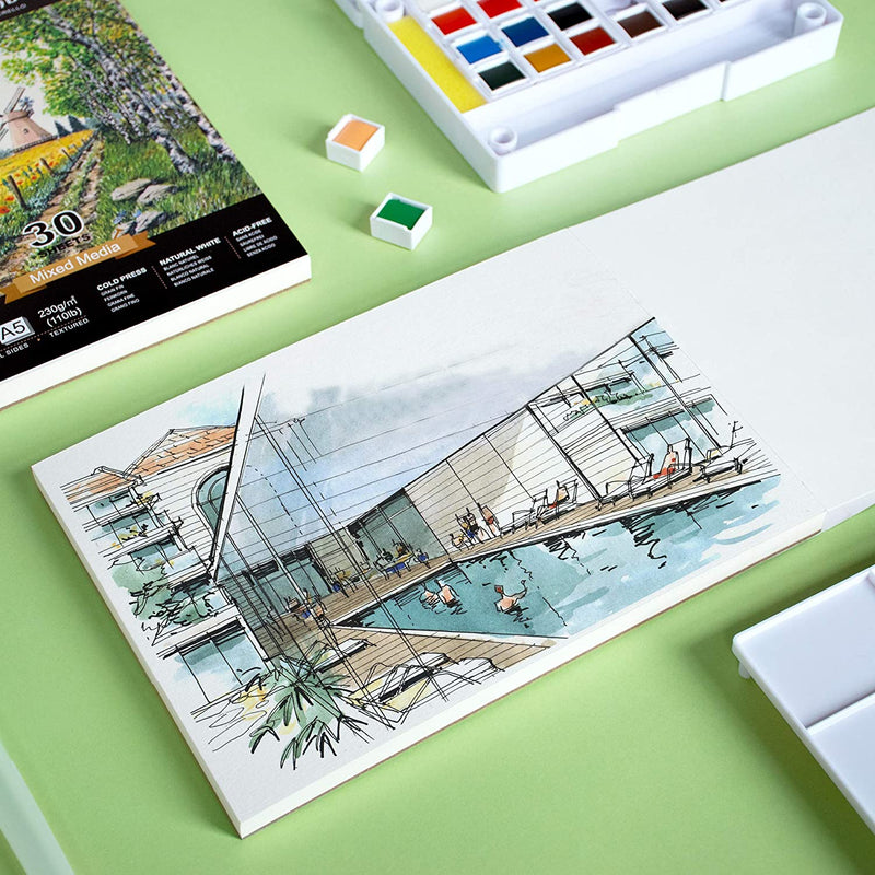 A picture of a swimming pool painted inside an A5 Pencilmarch watercolour paper pad with 230 gsm paper and 30 pages that comes in a pack of 2 - Stationery Island
