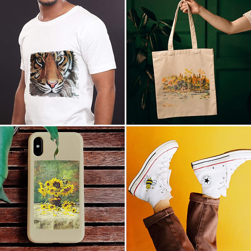 Acrylic paint used to create art on a T-shirt, bag, phone case and trainers - Stationery Island 