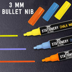 3 colours from the pack of 8 metallic colours wet wipe W30 chalk pens with a 3mm fine bullet nib shown on a black background - Stationery Island