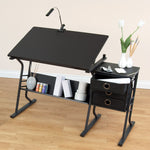 Oxna drafting table with storage draw and objects placed under the desk to show use of storage on shelf - Stationery Island 