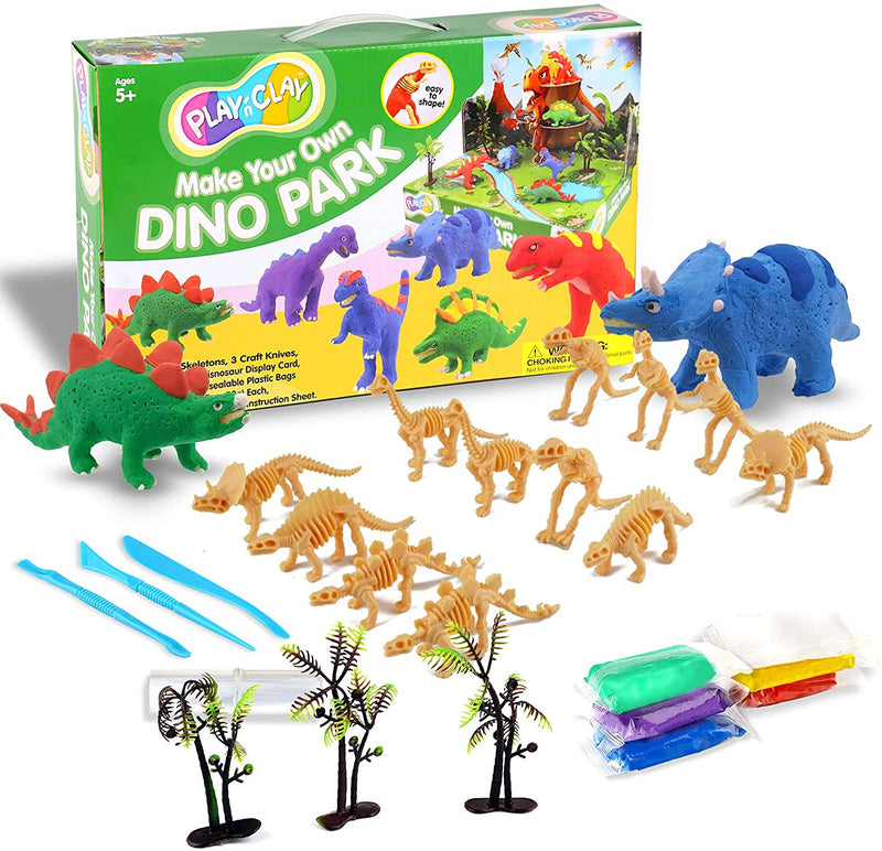 The TBC make your own dino park includes air dry clay, knives, white glue, dinosaur models, plastic trees, a display shelf and a dinosaur display card - Stationery Island