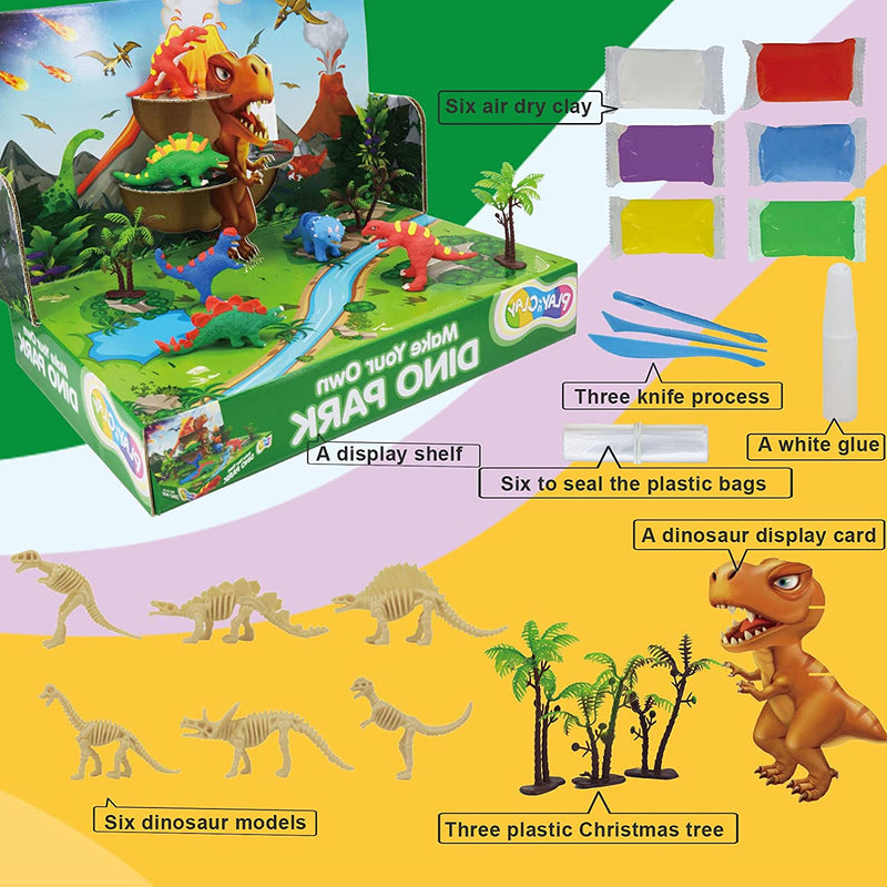 The TBC make your own dino park includes air dry clay, knives, white glue, dinosaur models, plastic trees, a display shelf and a dinosaur display card - Stationery Island
