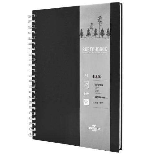 A Black A4 hardcover spiral bound sketchbook that has 120 pages - Stationery Island