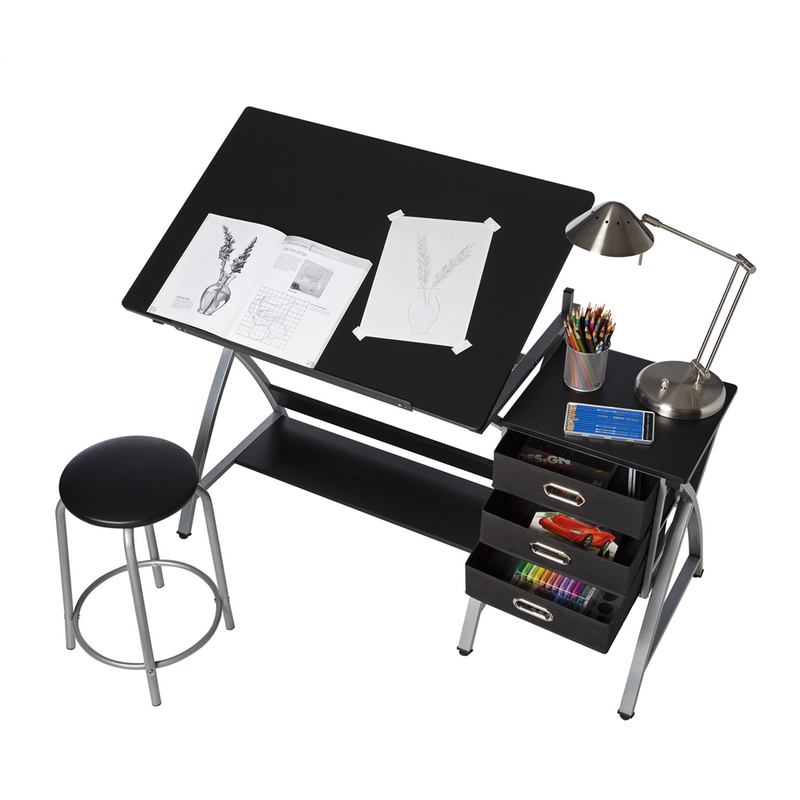Top view of a drawing placed on an Icaria drafting table with stool and draw - Stationery Island