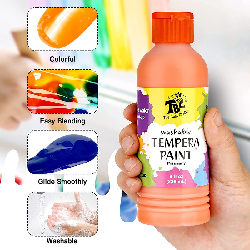TBC Washable Primary Tempera Paints & Brush - 6PK