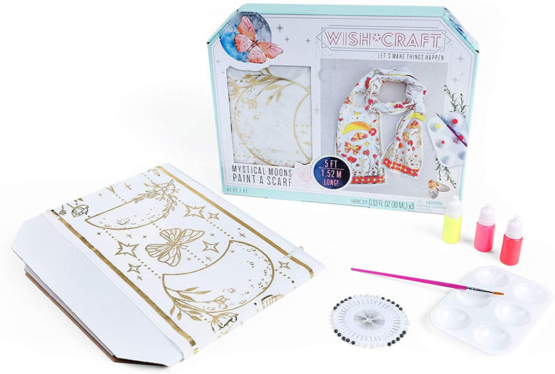 A TBC mystical moons paint your own scarf kit that includes a scarf, 3 x coloured dyes, 1 brush,, 1 palette, 40 pins, 1 cardboard painting surface and instructions - Stationery Island