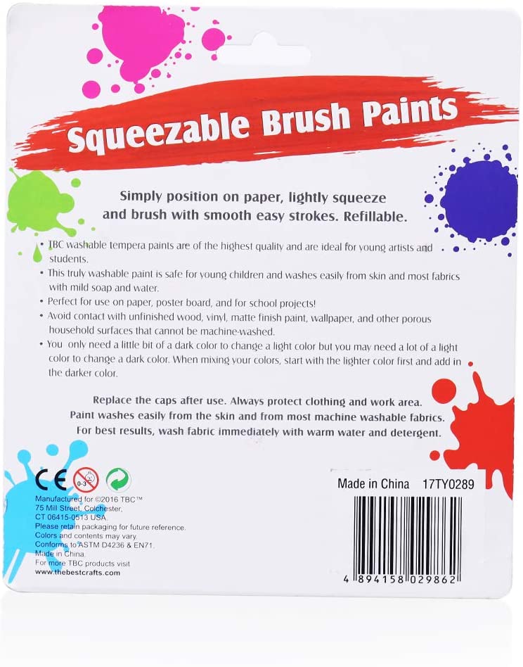 The back of the TBC Tempera washable kids paint set packaging, explaining how to use the product - Stationery Island