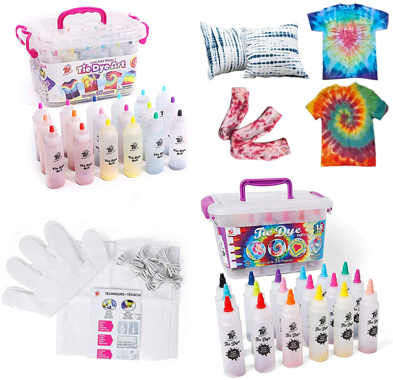 The TBC dye art party kit includes 18 bottles of coloured dye, 12 protective gloves, 90 rubber bands, one reusable surface cover and an instruction sheet - Stationery Island