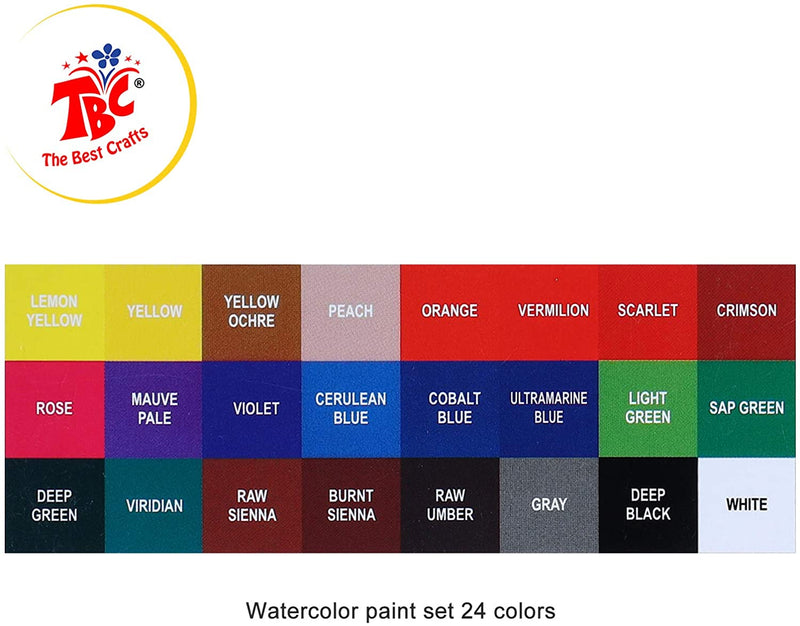 The colours and name of the colours that are included in the TBC watercolour paints with 24 colours - Stationery Island