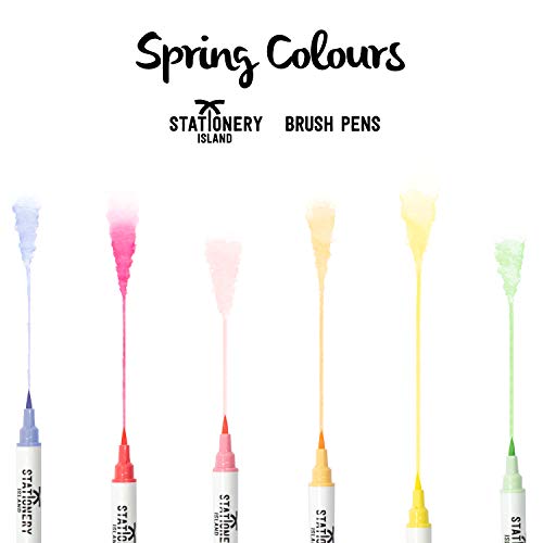 6 spring colours brush pens being used to leave a coloured mark on the paper - Stationery Island