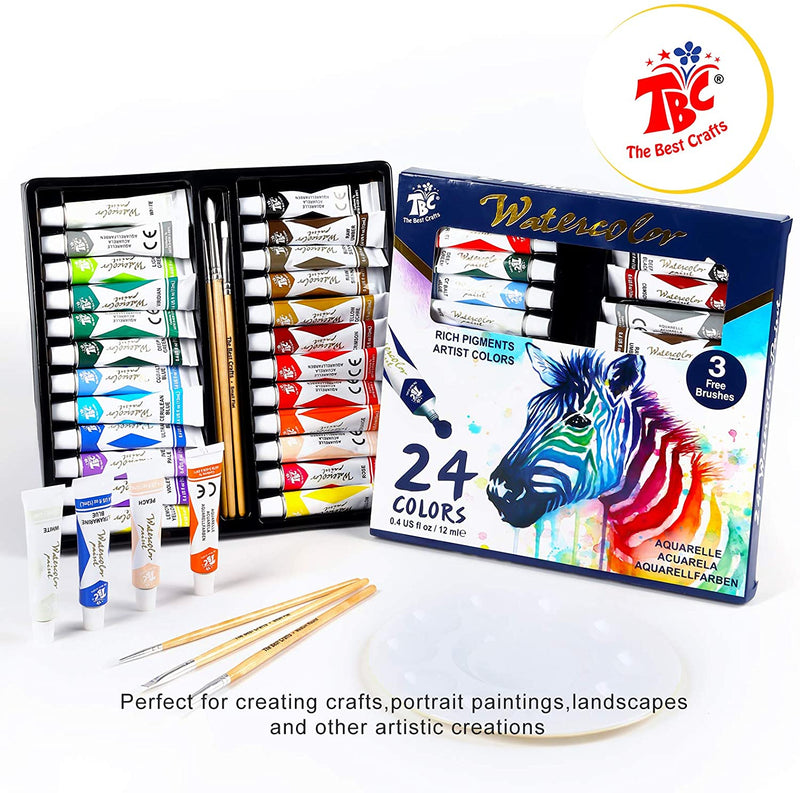 The TBC watercolour paints with 24 colours and 3 paint brushes are perfect for creating crafts, paintings and other artistic creations - Stationery Island
