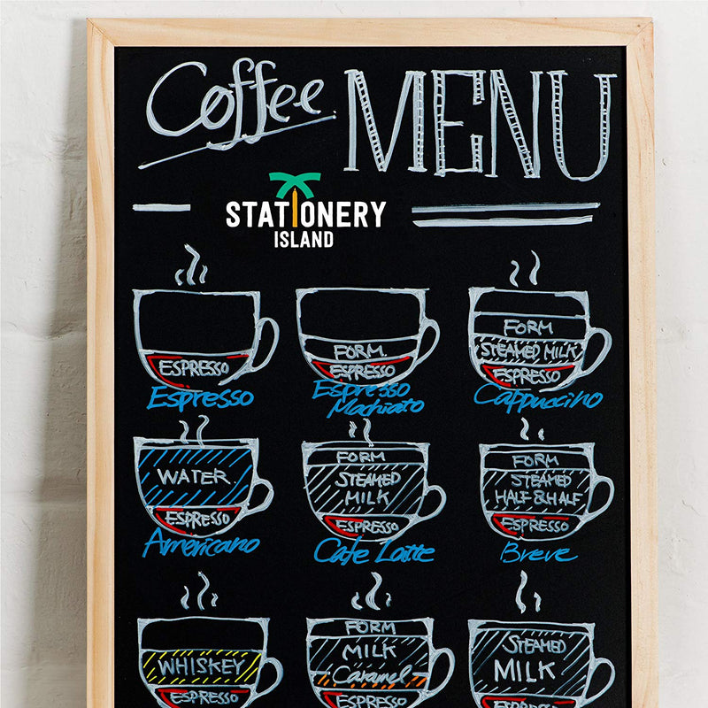 A coffee menu drawn on a blackboard using dry wipe chalk pens - Stationery Island