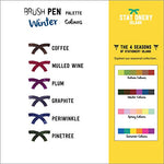A list of colours and names of the coloured pens that are part of the winter pens - Stationery Island