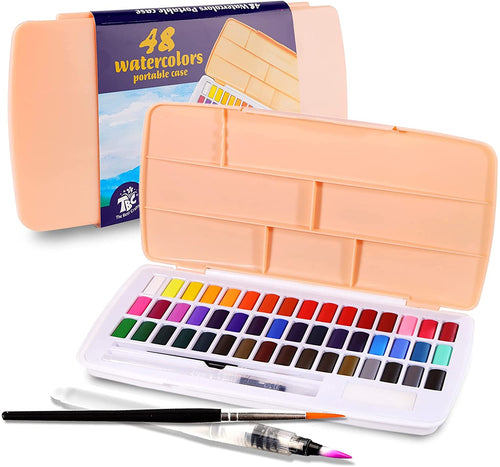 A TBC vibrant watercolours paints with 48 colours, which includes a paintbrush, a refillable water-brush pen and a dabbing sponge.