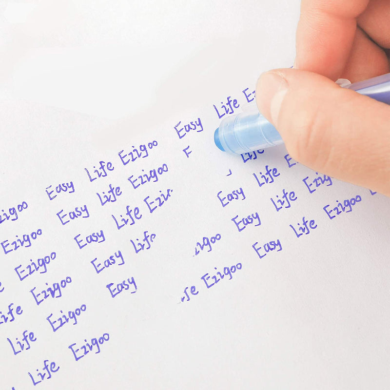 The 0.7mm blue erasable pen being used to erase some words that have been written on a paper - Stationery Island