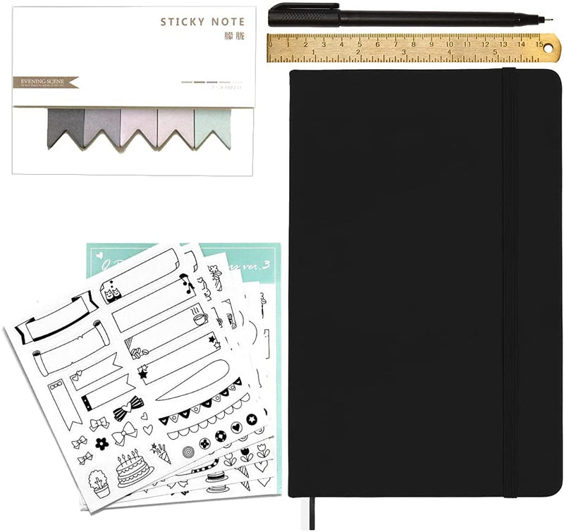 A black A5 dotted notebook, bullet journal with a pen, a ruler, stickers and index tabs - Stationery Island