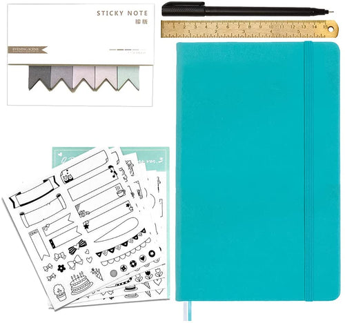 The teal A5 dotted notebook, bullet journal included with a ruler, pen, stickers and index tabs - Stationery Island