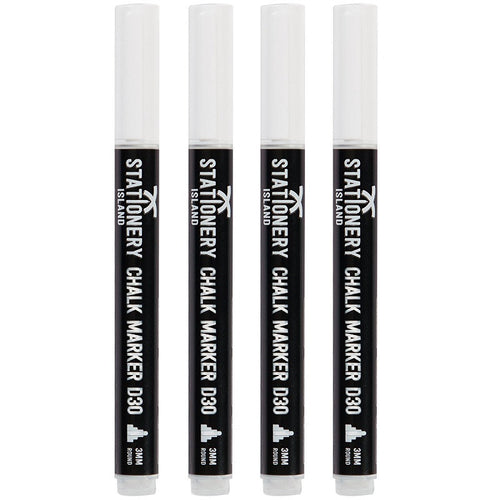 A pack of 4 white dry wipe D30 chalk pens with a 3mm fine nib - Stationery Island 