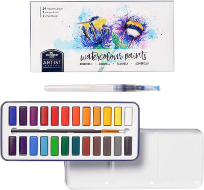An artist series watercolour paint set that has 24 colours, included with 1 aqua brush and 1 paintbrush - Stationery Island