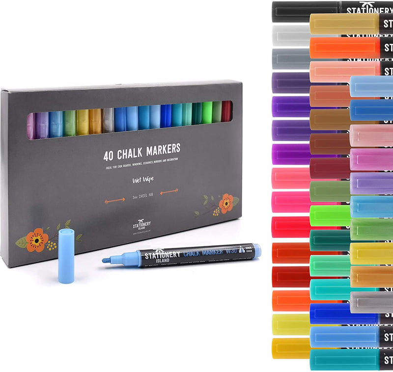 A pack of 40 wet wipe W30 chalk pens with a 3mm fine nib inside their box packaging - Stationery Island