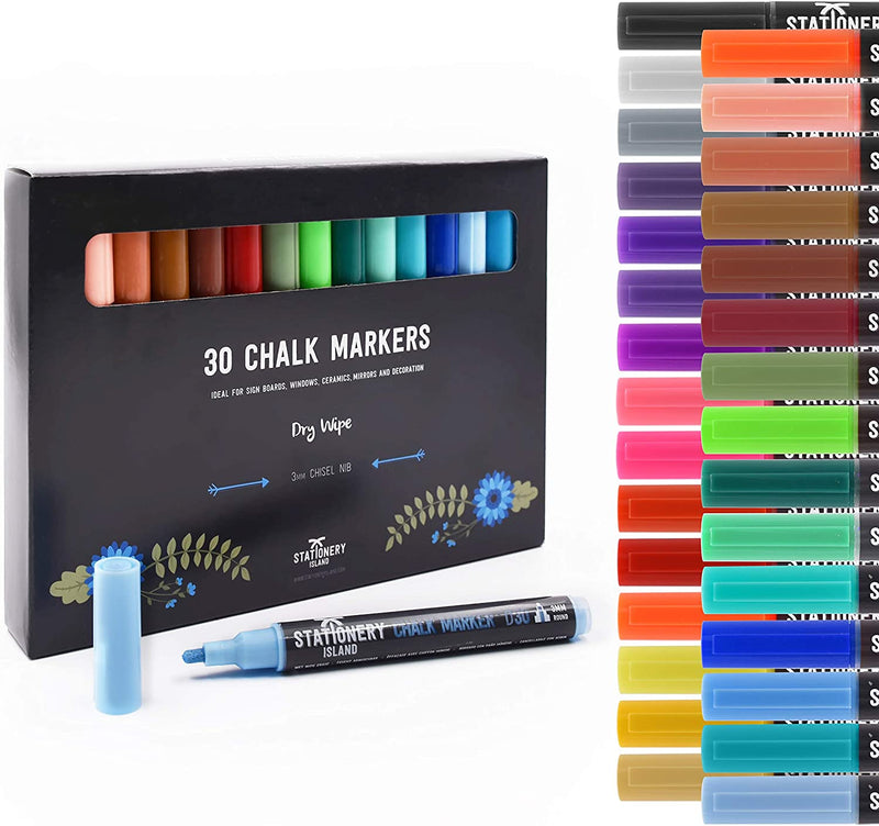 Pack of 30 dry wipe D30 chalk pens that have a 3mm fine nib shown inside their box packaging - Stationery Island