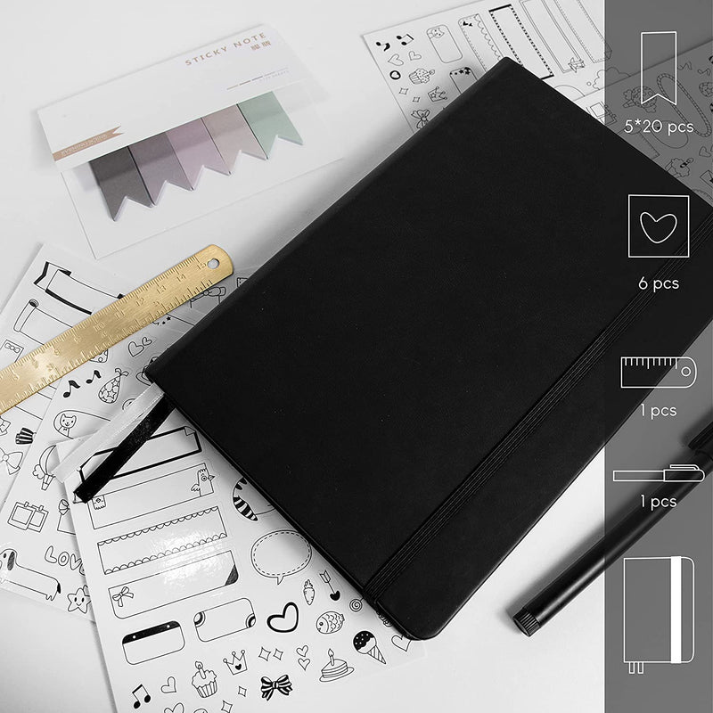 The black A5 dotted notebook with accessories, bullet journal includes 1 pen, 1 ruler, 6 pcs of stickers and 5x20 pcs of index tabs - Stationery Island