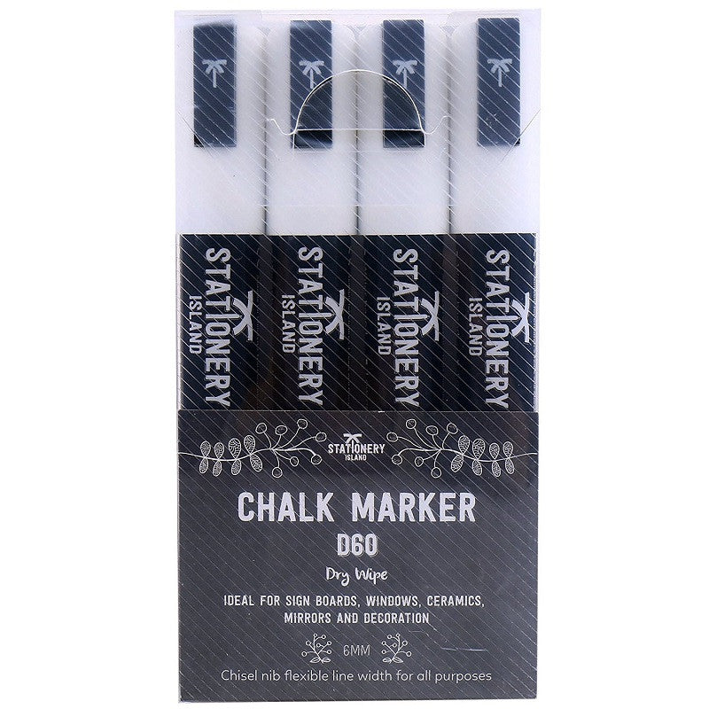 White Dry Wipe D60 Chalk Pens - 6mm Chisel Nib - Pack of 4