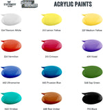 12 different colours of acrylic paint shown on a white background - Stationery Island