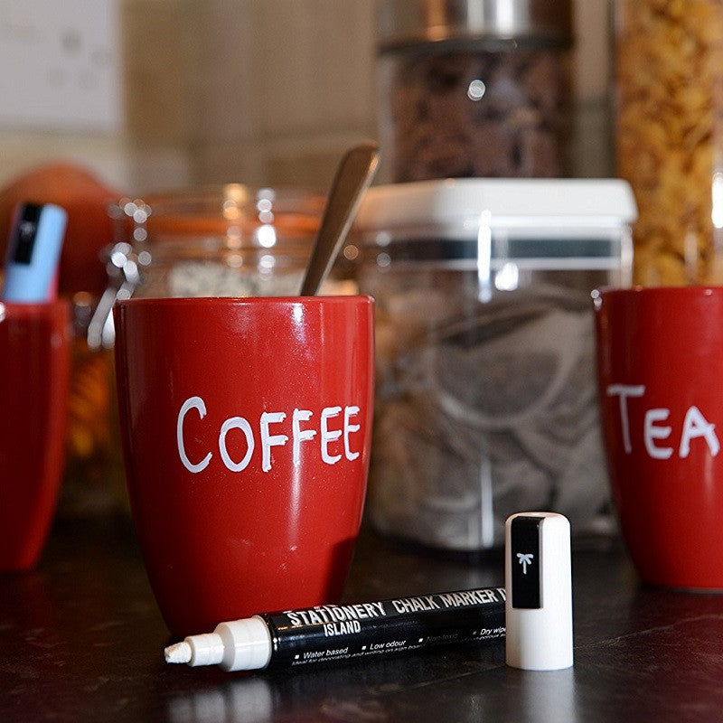 A coffee mug and tea mug next to a white dry wipe D30 chalk pen - Stationery Island 