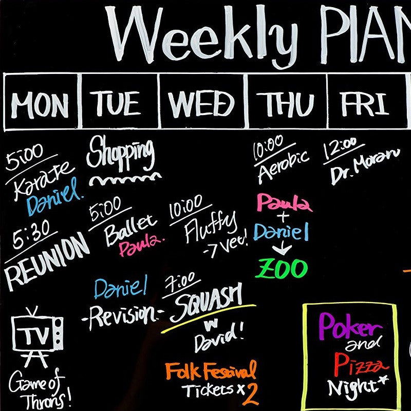 A weekly plan written on a whiteboard using chalk pens - Stationery Island 