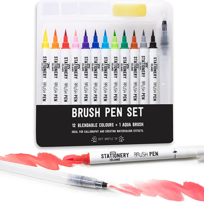 Brush pen set with 12 colours and aqua brush shown in its packaging - Stationery island 