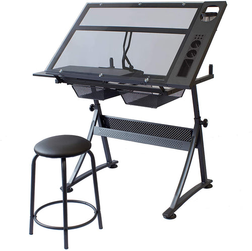 Foula-TP drafting table with a stool. storage space and clips - Stationery Island