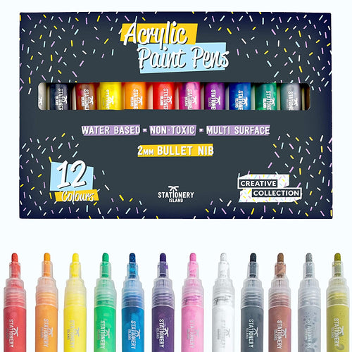 Acrylic paint pens without lids faced upwards with box packaging on top - Stationery Island