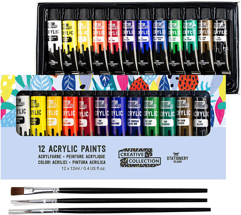Set of 12 tubes of 12ml acrylic paint shown in packaging with 3 brushes - Stationery Island