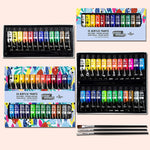 12ml acrylic paint tubes in a set of 24 and 12 colours both shown in their packaging with three brushes - Stationery Island