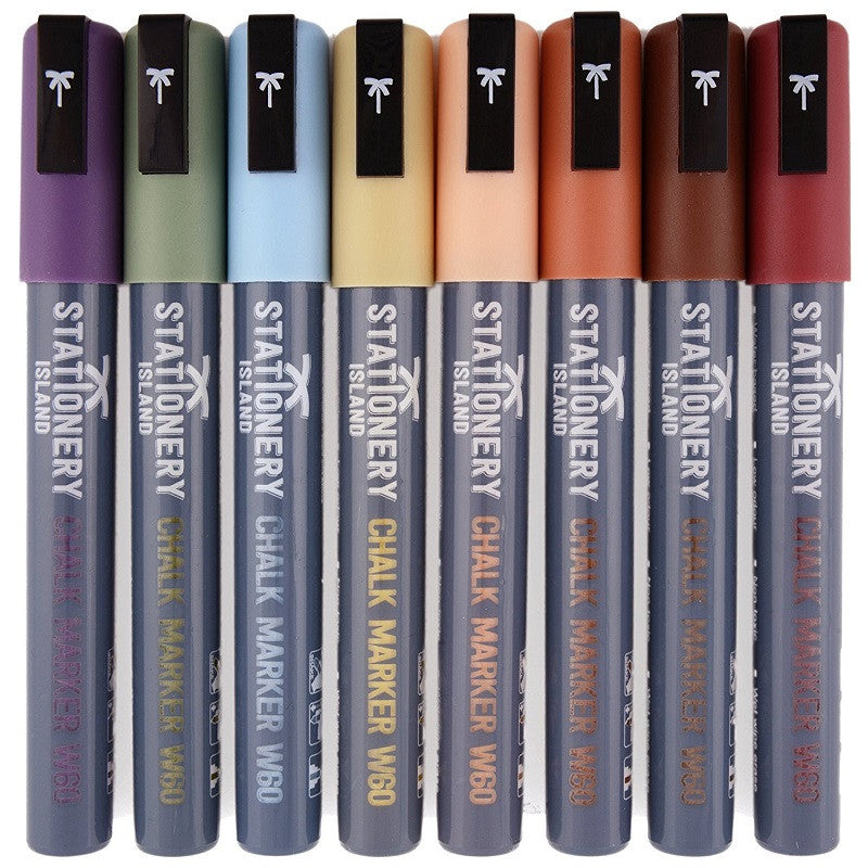 A pack of 8 Earth tones wet wipe W60 chalk pens with a 6mm chisel nib - Stationery Island 