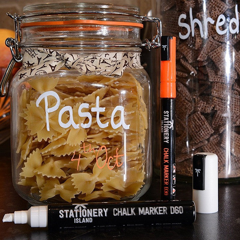 A white dry wipe D60 chalk pen used to label a jar that has unbaked pasta inside - Stationery Island 