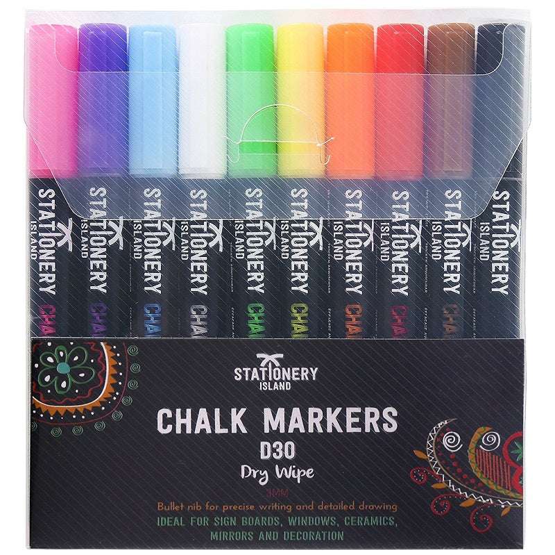 A pack of 10 dry wipe D30 chalk pens with a 3mm fine nib in their packaging - Stationery Island