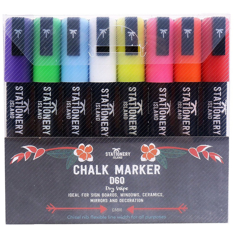 A pack of 8 dry wipe D60 chalk pens with a 6mm chisel nib in their packaging - Stationery Island