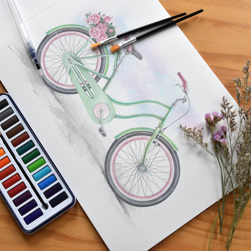 A picture of a bike painted inside the A3 student grade watercolour paper pad with 300gsm paper and 20 pages - Stationery Island