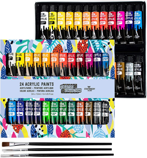 Set of 24 acrylic paint 12ml tubes shown in packaging with three brushes - Stationery Island 