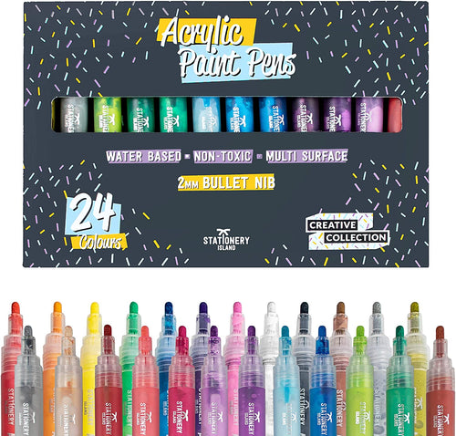 Acrylic paint pens without lids facing upwards with box packaging facing forward - Stationery Island