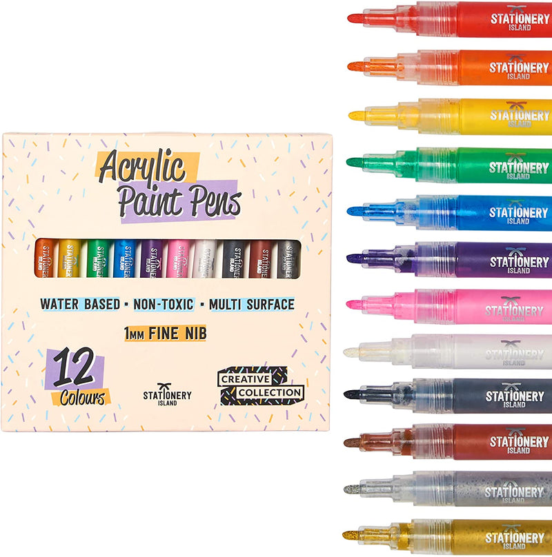 12 acrylic paint pens without lids placed in a row with box packaging shown on the side - Stationery Island