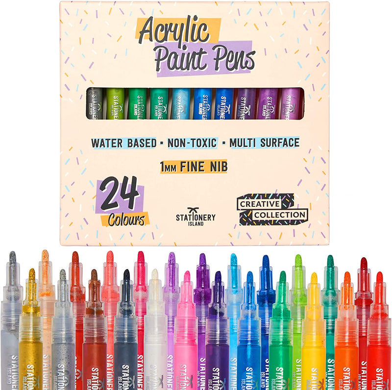 Acrylic paint pens without lids facing upwards with box packaging shown above pens - Stationery Island