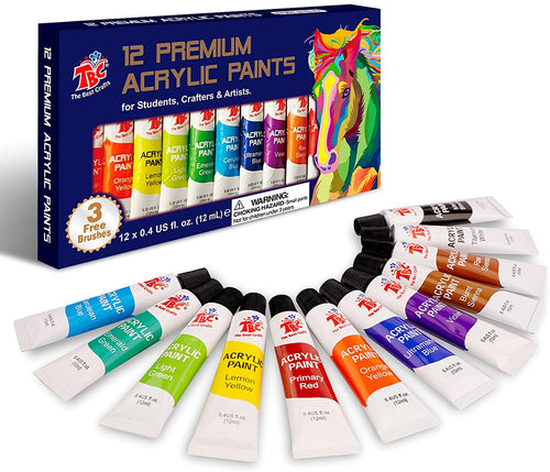 12 acrylic paint tubes laid out to show the colours with the box packaging placed behind the paints - Stationery Island