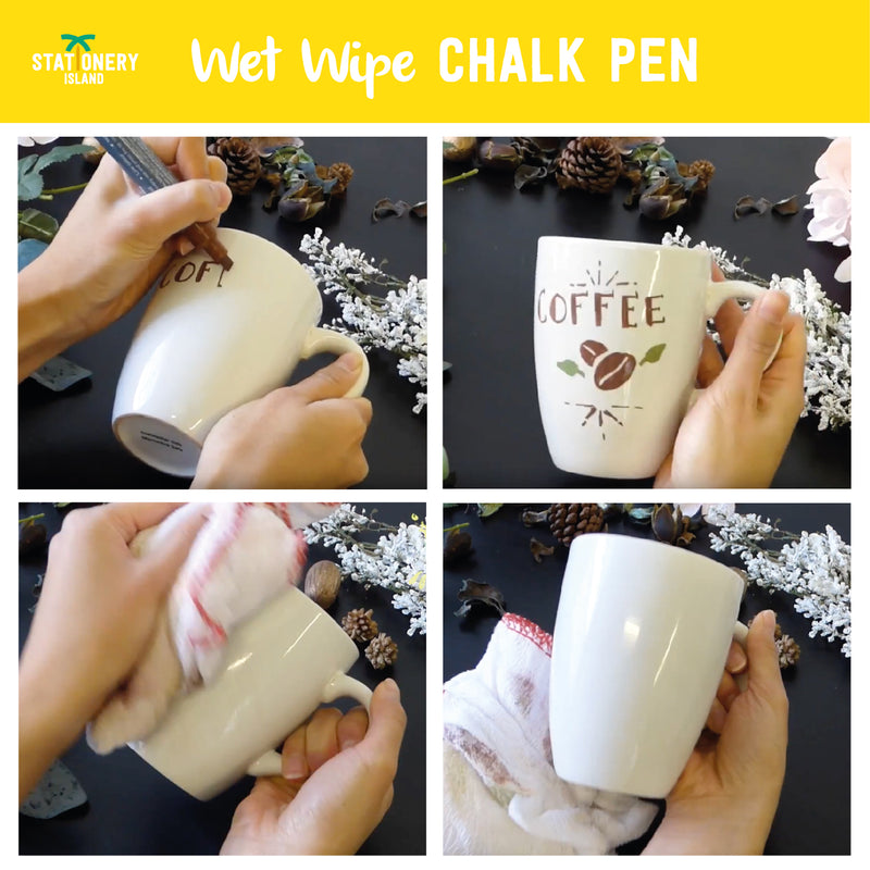 A wet wipe chalk pen used to write on a mug then wiped off to show that the pen is erasable - Stationery Island